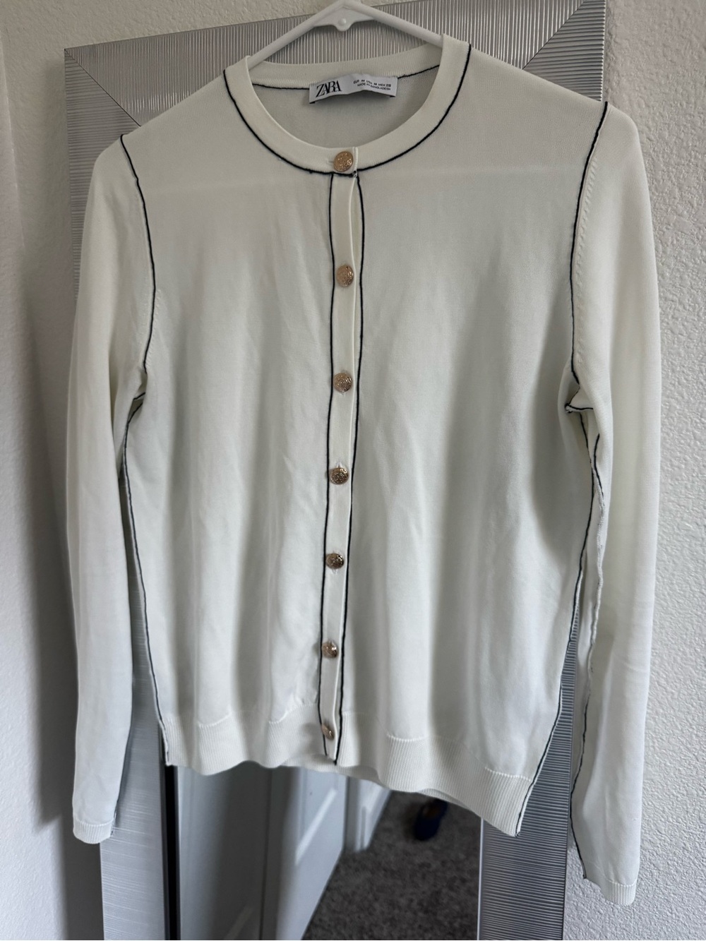 Zara Off White Cardigan with Black Contrast Trim